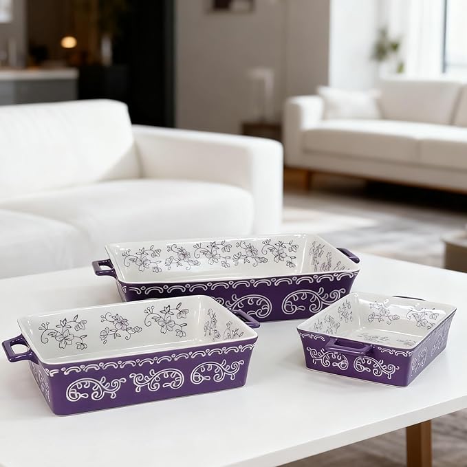 Domini Casserole Dishes for Oven, Ceramic Baking Dishes for Oven Set of 3, Lasagna Pan Deep, Baking Pan Set Square Casserole Dish Set with Handles for Baking, Pattern Purple(14.6+11.4+8.5inch)Christmas