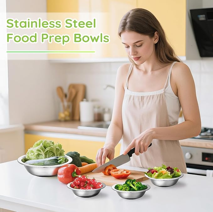 304(18/8) Stainless Steel Mixing Bowls for Kitchen, 6 Pack 8.7" 34.88 fl.oz Metal Mixing Bowls Set Stackable for Baking Serving Cooking Food Prep Storage Dishwasher Safe Lightweight