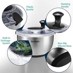 Stainless Steel Salad Spinner, 4.8 Qt Vegetable Washer, BPA-Free Lettuce Dryer with Crank Design, Dishwasher Safe, Non-Slip Base - Transparent Lid