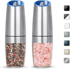 Gravity Electric Salt And Pepper Grinder Set, Automatic Salt And Pepper Grinder Set, Battery Powered (6 AAA Batteries Each), Adjustable Roughness, LED Light, 2 Pack, (Silver)