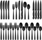 Hiware 24 Pieces Matte Black Silverware Set with Steak Knives for 4, Stainless Steel Flatware Utensils Set, Hand Wash Recommended