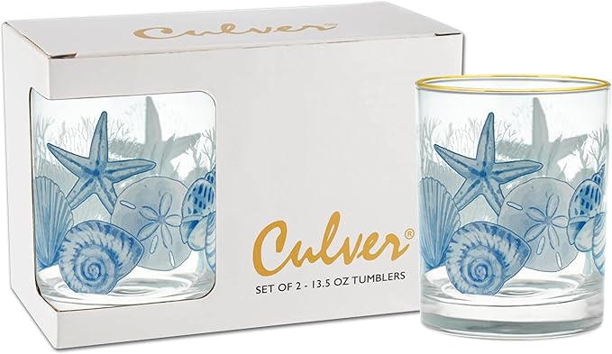 Culver 22k Gold Rim Blue Coastal Beach Shells DOF Double Old-Fashioned Glasses, 13.5-Ounce, Gift Boxed Set of 2
