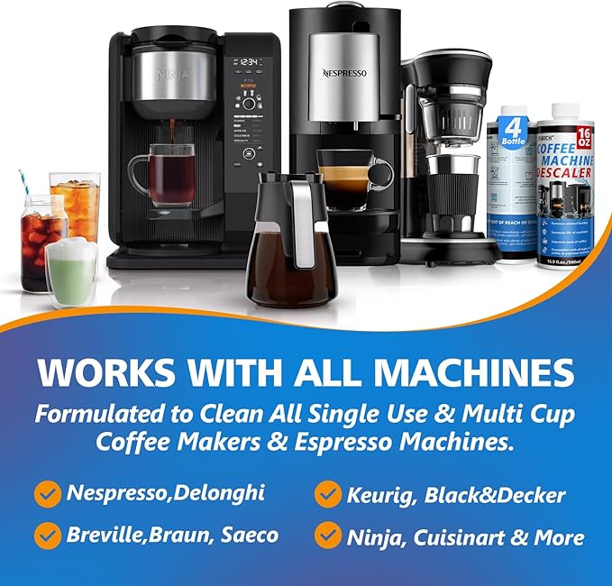 4 Pack Coffee Machine Descaler Cleaner -16 Uses,Descaling Solution for Nespresso Breville Keurig Jura &Delonghi - Coffee Machine Cleaners For All Coffee Makers & Espresso Machines,Glass Pot Cleaner
