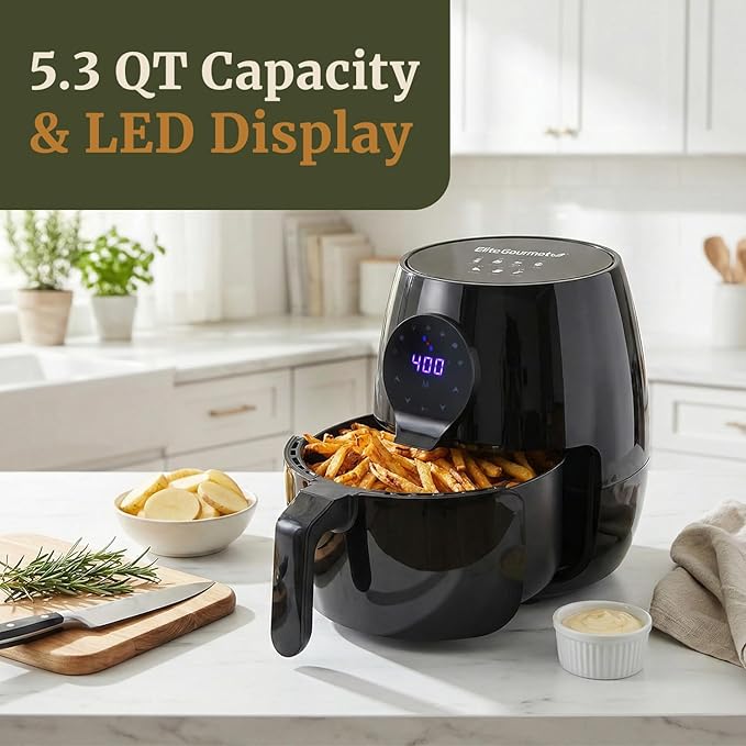 Elite Gourmet EAF5317D Digital 5.3Qt Hot Air Fryer 7 Menu Functions 1350W Oil-Less Healthy Cooker, Timer & Temperature Controls, PFOA/PTFE Free, Black