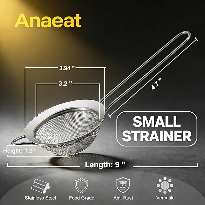 Anaeat Fine Mesh Strainers - Premium Stainless Steel Colander Sieve Sifters, with Durable Mesh and Sturdy Handle, Excellent for Sifting Dry ingredients, Flour, Pastas, Rice, Tea (3.94"）