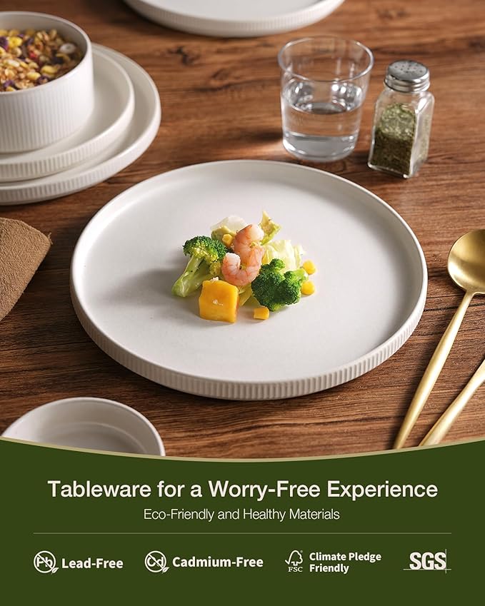 Famiware Star Dinnerware Set with Mugs, Service for 4 (16pcs), Ribbed Stoneware Plates and Bowls Dishes Sets - Chip & Scratch Resistant, Microwave & Dishwasher Safe, Matte White