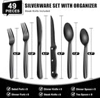 49-Piece Black Silverware Set with Organizer, Heavy Duty Stainless Steel Flatware for 8, Cutlery Utensil Sets with Steak Knives, Rust-proof, Mirror Polished, Dishwasher Safe, Black Heavy Duty