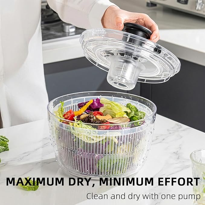 Cove Carol Large Salad Spinner, One-Handed Press-Type Vegetable Dryer, Built-in Filter Suitable for Fruits, Lettuce, and Vegetables; Salad Spinner, Lettuce Spinner 6.3 QT, Black