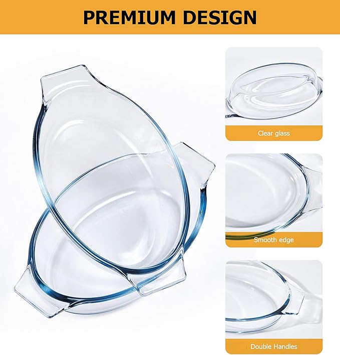 Mini Casserole Dish Oval 2 Pack, 13oz Glass Baking Dish, Banana Split Bowls, Single Serving, Individual Bakeware Baking Pans for Oven Microwave Air Fryer, Clear Prep Bowls