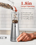 Electric Salt and Pepper Grinder Set with Storage Base, Stainless Steel Rechargeable Salt and Pepper Grinder Set with 4.5 oz Large Capacity, 1.8" Wide Mouth, Adjustable Coarseness, Ideal for Kitchen