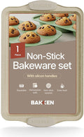 BAKKEN Kitchen Baking Pans - 15.15 x 10.03" Medium Nonstick Sheet, Durable Carbon Steel Cookie Sheet with White Silicone Handles, PFOA, PFOS, PTFE Free, Oven Safe Tray (Up To 450°F), Set of 1