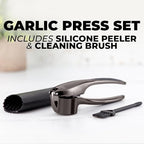 Zulay Kitchen Large Premium Garlic Press Set – Rust Proof & Dishwasher Safe, Bigger Bowl Garlic Mincer Tool with Silicone Garlic Peeler & Brush, Easy Squeeze & Clean, Ergonomic Handle - Dark Gray