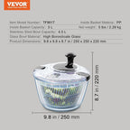 VEVOR Glass Salad Spinner, 4.75Qt, One-handed Easy Press Large Vegetable Dryer Washer, Lettuce Cleaner and Dryer with High Borosilicate Glass Bowl Lid, for Greens, Herbs, Berries, Fruits, No BPA