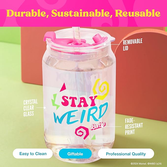 Dragon Glassware x Barbie The Movie - 16 oz Glass Cups with Lids and Straws, Set of 2 - Iced Coffee Cups with Lids - Versatile Glass Tumbler with Straw and Lid for Hot or Cold Drinks - Weird Barbie