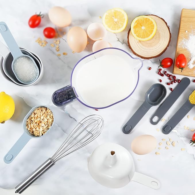 22 Piece Measuring Cups and Spoons Set, Stainless Steel Measuring Spoons Set and Stackable Measuring Cup with Lid for Liquid and Dry Ingredients, Cooking Baking Gadgets