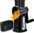 SUSTEAS Rotary Cheese Grater with Handle - Vegetable Shredder with 5 Well-designed Blades & Strong Suction Base,Round Mandoline Slicer & Food Chopper for Kitchen,with Blade Storage Box(Black)