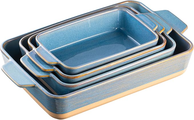 Dafuceramic Casserole Dishes for Oven, Baking Dishes, Ceramic Bakeware Sets of 4, Rectangular Baking Pan Set with Handles for Baking, Casserole, Kitchen, Wedding Gift (Blue Yellow)