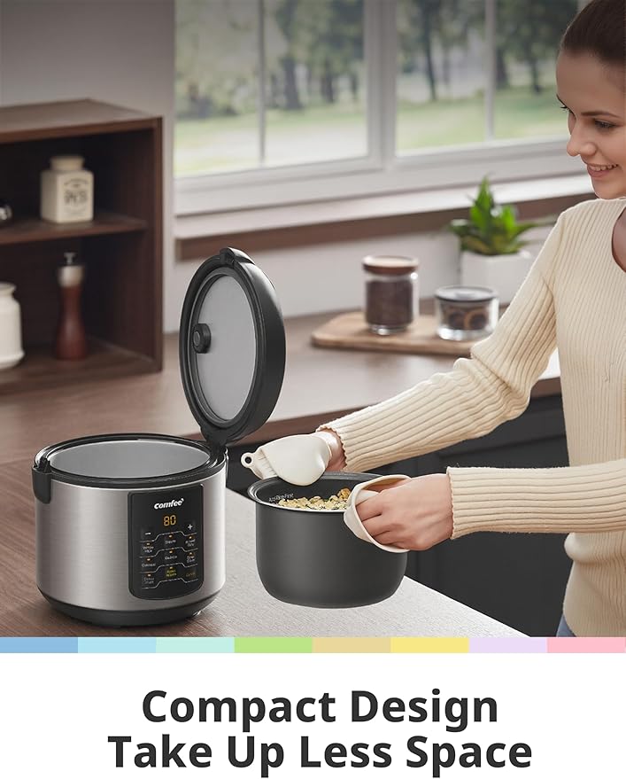 COMFEE' Rice Cooker Upgraded, 6-in-1 Stainless Steel Multi Cooker, Slow Cooker, Steamer, Saute, and Warmer, 2 QT, 8 Cups Cooked(4 Cups Uncooked), Brown Rice, Quinoa and Oatmeal, 6 One-Touch Programs