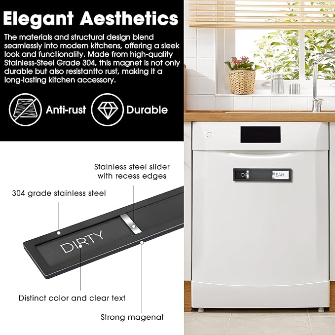 Dishwasher Magnet Clean Dirty Sign, HYF DESIGN Grade 304 Stainless Steel, Non-Scratch/Easy to Read & Slide/Strong Clean Dirty Magnet for Dishwasher, Extra Adhesive Tapes Included(Black-04)