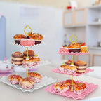5 Pcs Dessert Display Stands, 2pcs Dessert Stands 3 Pcs Tray, Pink Dessert Display Stands, Treat Table Displays Set for Wedding Baby Shower Tea Party, Ease of Cleaning and Assembly