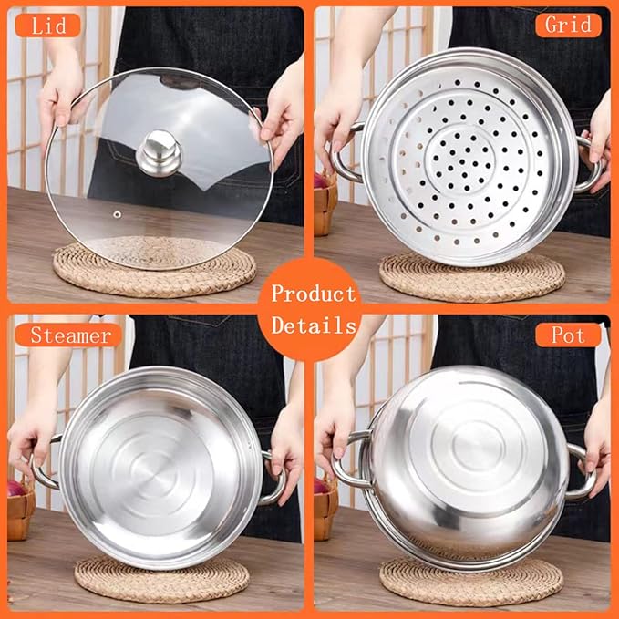 Steamer for Cooking, 6.0 Quarts Stainless Steel Steamer Pot, 2-Tier Food Steam Pots with Lid for Cooking Vegetables, Seafood, Soups, Stews and Pasta, 11.4 x 6.6 inch
