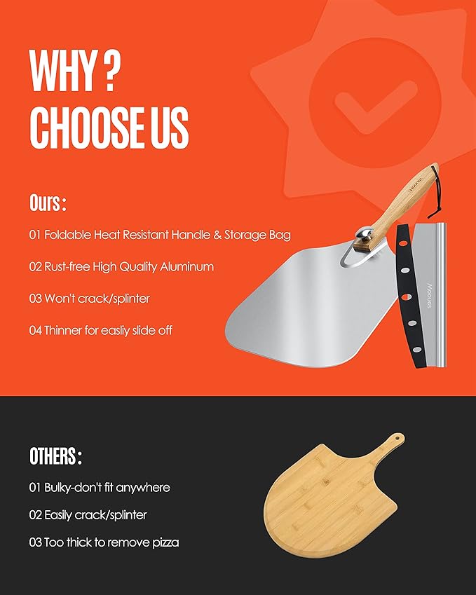 Pizza Peel Aluminum Pizza Spatula,17 inch Metal Pizza Paddle(12"x 17") with Rocker Cutter Foldable Wood Handle, [Storage bag included], for Family Pizza Oven Baking Pizza, Dough, Bread & Pastry