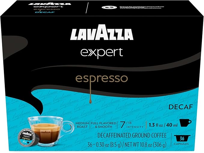Lavazza Expert Espresso Decaf Capsules, Medium Roast, Arabica and Robusta Blend, Compatible with Lavazza Classy Machines (36 Capsules)