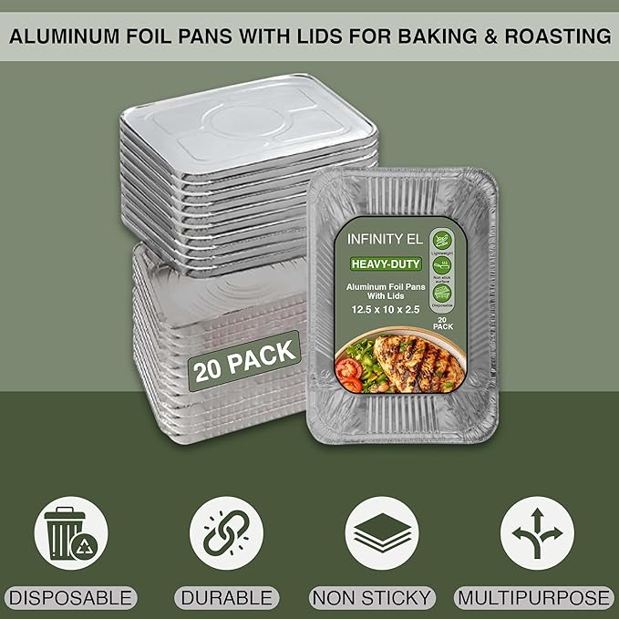 INFINITY EL Disposable Aluminum Foil Pans with Lids 20 Pack | Half 12.5" x 10" x 2.5" Deep Disposable Baking Pan | Heavy Duty Aluminum Pan for Roasting Turkey, Lasagna, Thanksgiving, Christmas, Party