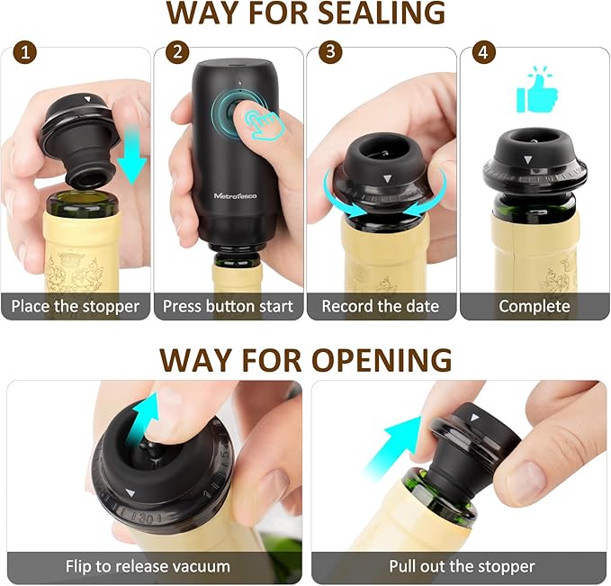 Electric Wine saver pump with 6 wine stoppers vacuum, wine preserver keep Your Wine Fresh for up to 10 Days, USB-C Rechargeable, 1 Pump 6 Stoppers Best Gifts for Wine Lovers, Black