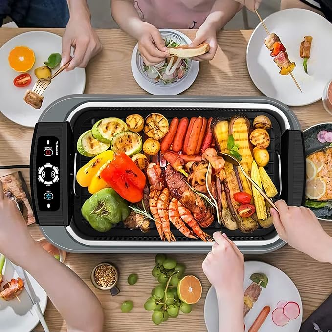 Techwood Indoor Grill Smokeless Grill, 1500W Indoor Korean BBQ Electric Tabletop Grill with Tempered Glass Lid, Removable Grill and Griddle Plates with Drip Tray, Gray