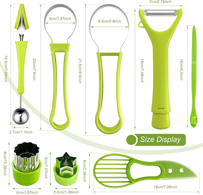 18pcs Melon Baller Scoop Set, FODIENS 4 In 1 Stainless Steel Fruit Slicer Peeler Set, Avocado Slicer Orange Peeler Fruits Vegetables Carving Tools Set with Mini Fruit Cookie Cutters Set