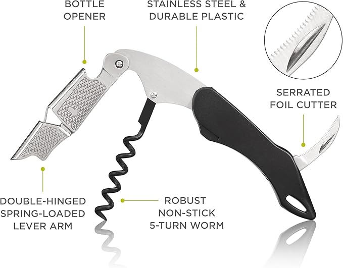 True Sommelier Waiters Corkscrew Wine Opener, Stainless Steel with Built-in Bottle Opener and Sharp Foil Cutter for Bartenders, Home Bar, Kitchen, Travel, Gifts for Wine Lovers, Set of 1, Black