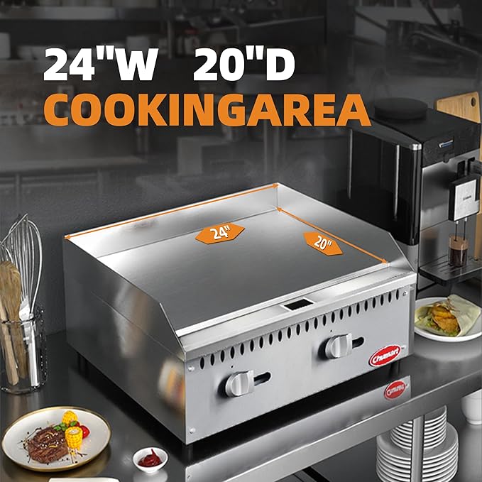 24" Commercial Countertop Griddle, 2 Burners Gas Griddle, 60000 BTU Output, Stainless Steel Flat Top Grill Hot Plate with Natural Gas and Propane Conversion Kit for Restaurant, Food Truck