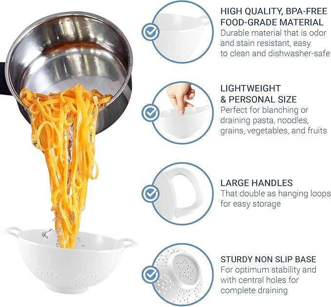 Meadow Lane 6-inch Small Colander, BPA-Free, Dishwasher Safe, Double Handles, Compact Food Strainer for Berries, Veggies and Pasta, 3-Cup Capacity, Smooth White
