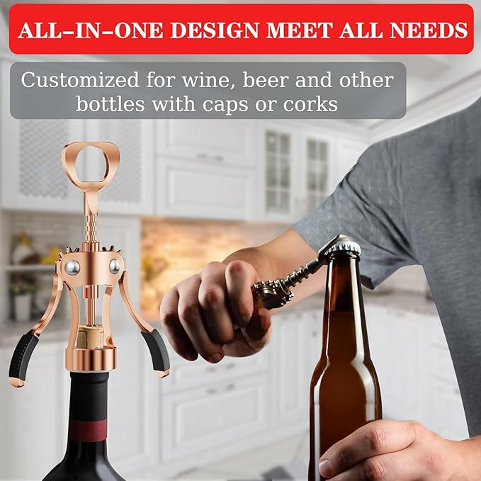 KORCCI Wine Opener, Heavy-Duty Zinc Alloy Wing Corkscrew, Premium Beer Bottle Opener, Multifunctional Wine Accessories with Ergonomic Handle and Sharp Screw, for Kitchen, Bar, Restaurant (Rose Gold)