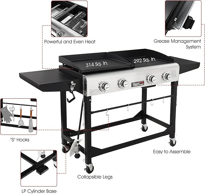 Royal Gourmet GD401 Portable Propane Gas Grill and Griddle Combo with Side Table | 4-Burner, Folding Legs,Versatile, Outdoor | Black 66 Inch