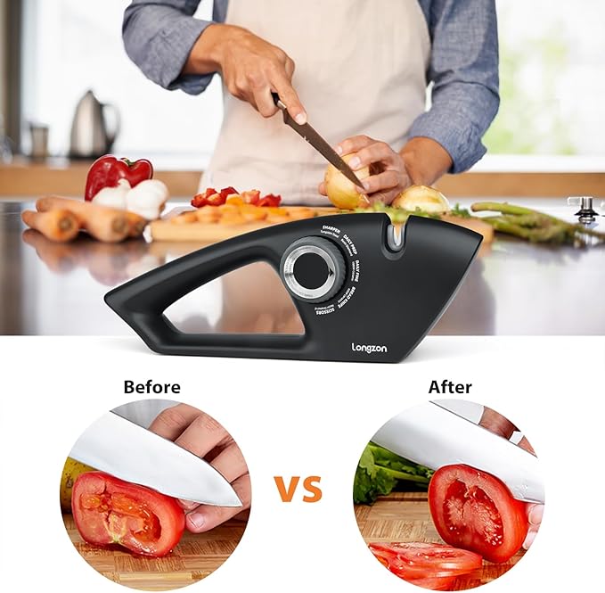 Longzon 6-in-1 Knife Sharpener 5 Stage with Cut-Resistant Glove, Manual Kitchen Tool for Straight & Serrated Knives, Quickly Sharpens Restores & Polishes Dull Blades Safe for Home Kitchen