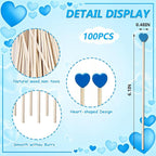 100 Pcs 6 Inch Blue Heart Shaped Wooden Swizzle Sticks, Cake Pop Sticks, Cocktail & Coffee Drink Stirrers, Rock Candy Sticks, Lollipop Sticks for Baby Shower, Gender Reveal, Birthday & Wedding Party