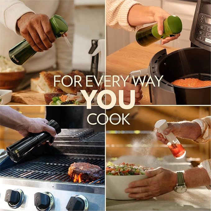 FLAIROSOL OLIVIA SIGNATURE Advanced Kitchen Oil Sprayer Technology, Fine Mist & Portion Control, Refillable Glass Olive Oil Cooking Spray Bottle for Air Fryer, Salad, BBQ, 200ml (Green, Gold)