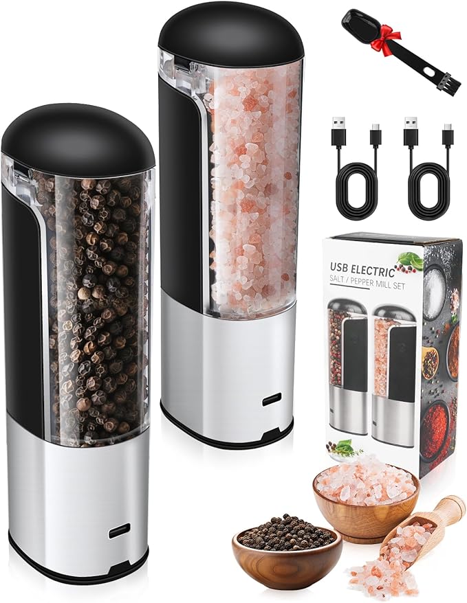Electric Salt and Pepper Grinder Set Rechargeable for USB, Automatic Adjustable Gravity Pepper Mill, Spice Grinder Refillable in Kitchen, salt and pepper shakers set, 80ml Capacity, 2-Piece Black
