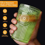 Loivttvv 6pcs Vintage Drinking Glasses Set, 12 oz Green Highball Glasses, Embossed Ribbed Glassware Cups for Cocktail, Water, Juice, Coffee, Whiskey