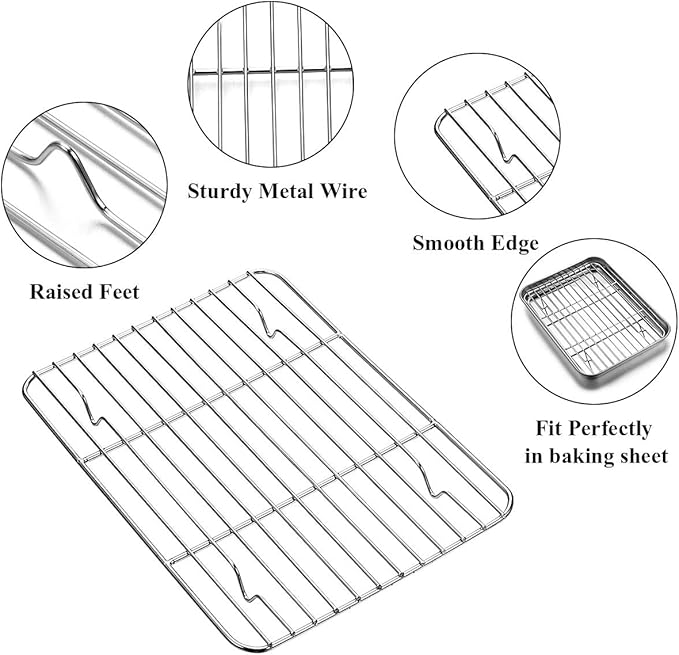 Wildone Baking Sheet with Rack Set [2 Sheets + 2 Racks], Stainless Steel Cookie Pan baking Tray with Cooling Rack, Size 10 x 8 x 1 Inch, Non Toxic & Heavy Duty & Easy Clean