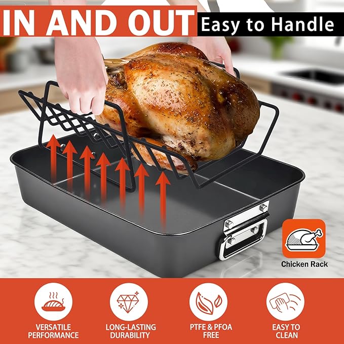 Roasting Rack for Turkey, Non-Stick Safe Coating Heavy-duty Turkey Rack for Roasting Pan, 2-in-1 Rib Rack for Smoker Grill, Roasting Rack Insert for Smokers, Oven Cooking