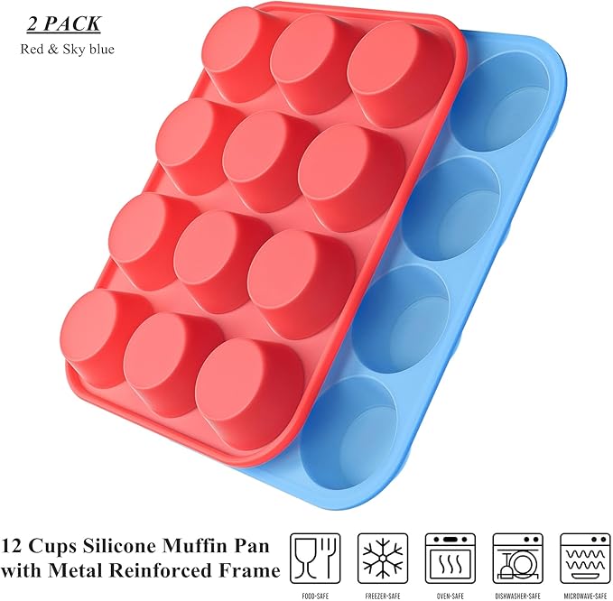 Bangp 2Pack Silicone Muffin Pans for Baking with Metal Reinforced Frame,12 Cup Regular Size Cupcake Pans,Premium Nonstick Food Grade Silicone Muffin Tray for Muffin,Cakes,Tart,Egg Bites