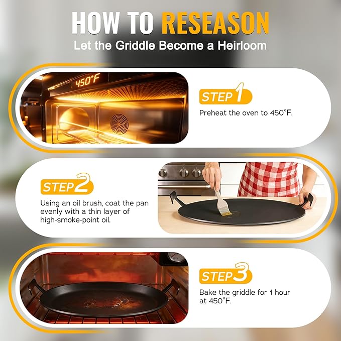 Premium Carbon Steel Griddle, Round Non-Toxic Stovetop Flat Top Pan for Gas, Electric Range, Induction, Grill & Campfire, Pre-seasoned Nitride Coating, Oven Safe to 1200°F, with Heat-insulating Gloves