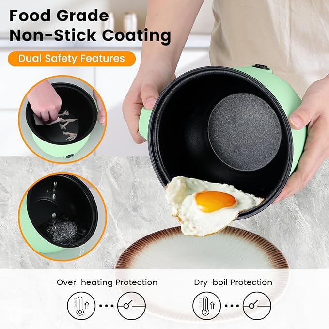 Hot Pot Electric With Steamer,Rapid Ramen Cooker,1.8L Mini Portable Self Heating Electric Pot For Cooking Noodles Oatmeal Pasta,Shabu Shabu Hotpot Pot Electric Dorm Lazy Pot,Non-Stick Green