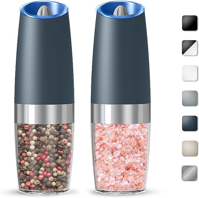 Gravity Electric Salt And Pepper Grinder Set, Automatic Salt And Pepper Grinder Set, Battery Powered (6 AAA Batteries Each), Adjustable Roughness, LED Light, 2 Pack, (Grey)