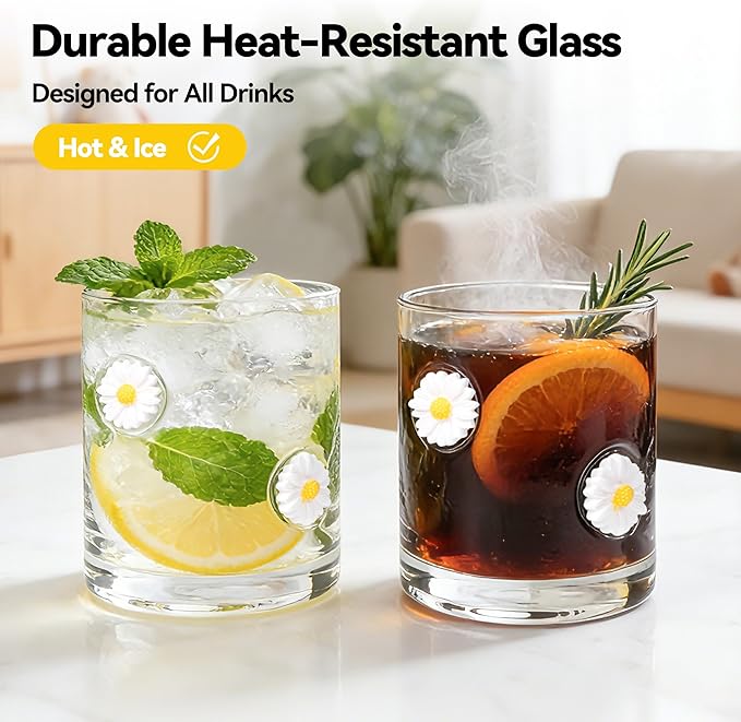 2 Pcs Handmade Daisy Icon Juice Glass Cup, Durable Heat-Resistant Glass, 14 oz Double Old Fashioned Drinking Glass Cup for Holiday Party Supplies Spring Gifts
