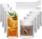 INSETLAN Set of 8 Vintage Glassware - 4 Highball Glasses 12 oz, 4 Rocks Glass Cups 14 oz, Ribbed Glassware Cocktail Glasses, Ideal for Wine, Juice, Water, Ice Coffee Cup, Whiskey, Mixed Drinkware