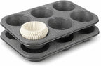 2 Pack Jumbo Muffin Pan, 6 Cup Large Cupcake Pan with Speckled Granite Coating and Paper Liners, Professional Nonstick Carbon Steel Muffin Tin for Baking Muffins Frittatas Cupcakes, Grey
